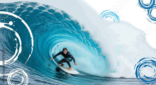 Spectacular Shot of a Surfer Riding a Breaking Wave in the Ocean Artistic Illustration