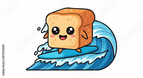 Cartoon bread loaf surfing on a big blue ocean wave with surfboard.