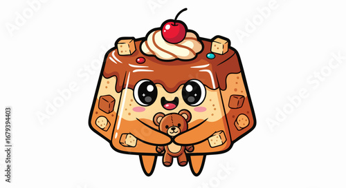 Adorable dessert character holding a teddy bear with cherry on top.
