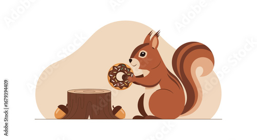 Squirrel cartoon holding a donut near a tree stump with acorns in flat illustration style