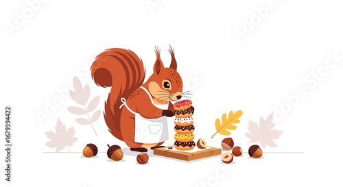 Squirrel Chef Preparing Stacked Donuts Amongst Autumnal Leaves and Acorns Delightfully