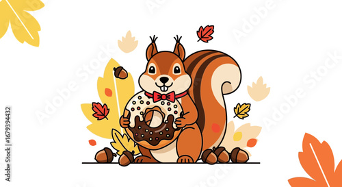 Squirrel Holding Donut, Surrounded By Autumn Leaves and Acorns, Cartoon