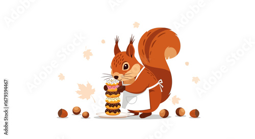 Squirrel Chef Creatively Stacking Delicious Donuts Next To Scattered Hazelnuts
