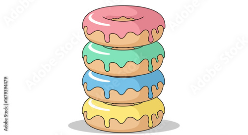 Stack of Colorful Glazed Donuts on White Background, Dessert Treat Illustration