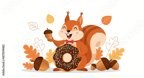 Squirrel With Delicious Dessert and Acorns Cartoon Autumnal Delight Illustration