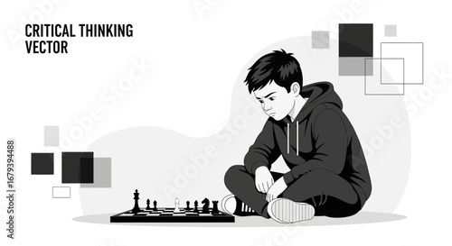 Serious Young Boy Thinking About Chess Moves, Strategizing Game Plan and Next Steps
