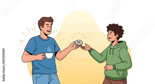 Sharing A Donut And Coffee Cup Representing Togetherness And Friendly Gesture