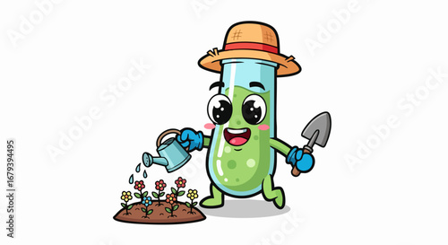 Cartoon Test Tube Gardener Watering Flowers with Shovel.