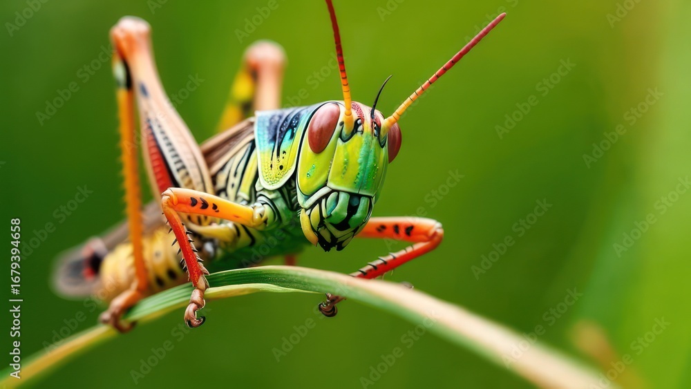 Fototapeta premium Vibrant grasshopper on blade of grass (1)