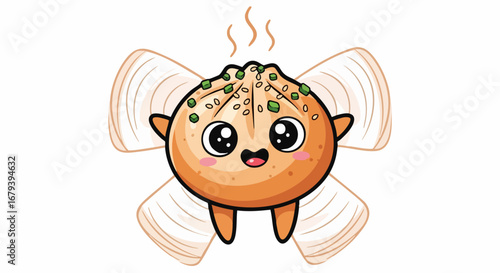 Adorable cartoon baozi dumpling with happy smiling face and steam.