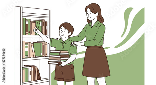 Student And Teacher Select Books From Library Shelves For Education Purpose And Study