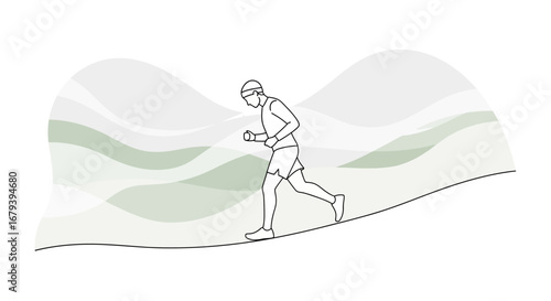 Silhouette Depicting Runner Ascending Hill against Abstract Green Landscape