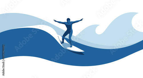 Silhouette Displays Thrilling Surfing Action with Dynamic Blue Waves on White Background
