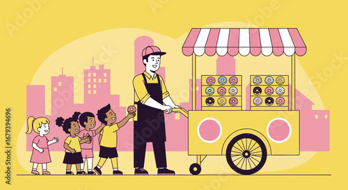 Street Vendor Selling Donuts to Children in a City Setting with Colorful Illustration