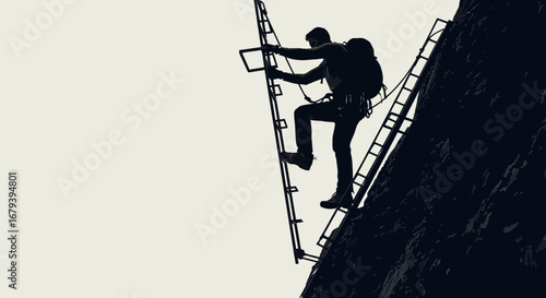 Silhouette Of A Courageous Climber Ascending A Metal Ladder Towards The Summit