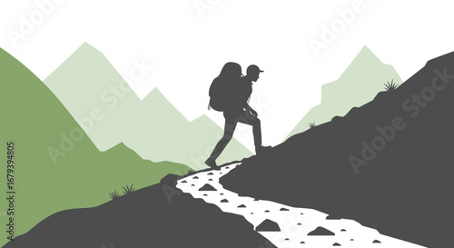 Silhouette of a Hiker Climbing a Mountain Path with Backpack and Scenic Background