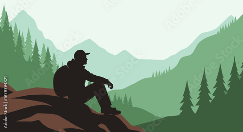 Silhouette Of A Hiker Contemplating Magnificent Mountainous Terrain In Dawn Light