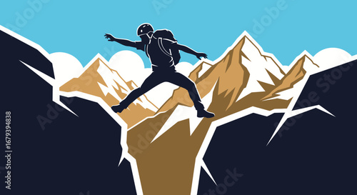 Silhouette of a Hiker Jumping Over a Mountain Gap in Adventure and Challenge
