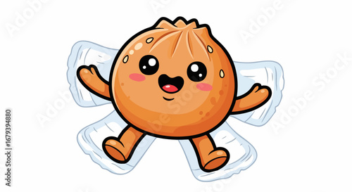 Adorable Cartoon Dumpling Making a Snow Angel in Flour.