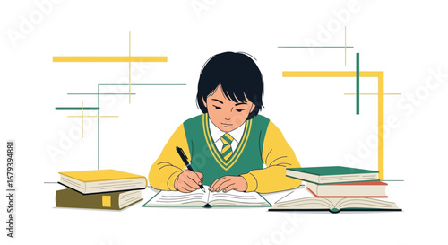 Student Focuses Diligently On Writing, Academic Tasks Surrounded By Books and Lines