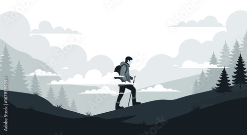 Silhouette of a hiker on a mountain trail in monochrome illustration design