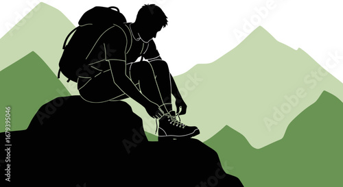 Silhouette of a Hiker Sitting on a Rock Tying His Shoe in Front of Mountains