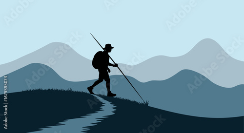 Silhouette of a Hiker Walking on a Mountain Trail Scenic Landscape Minimalist Illustration