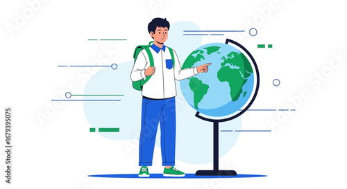 Student with a backpack pointing at Europe on a globe, planning a trip worldwide