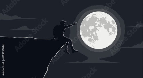 Silhouette of a man pointing at the moon sitting on the edge of a cliff