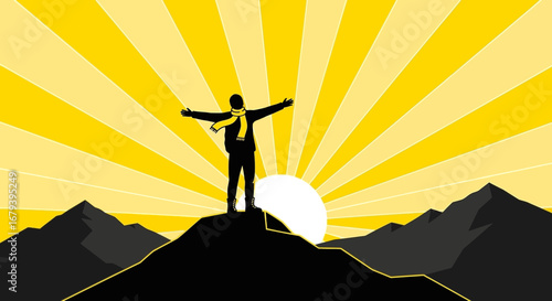 Silhouette of a person on a mountain with arms outstretched in front of the sun