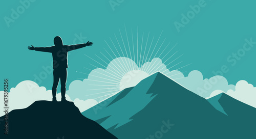 Silhouette of a person on mountain top with arms raised toward the sky and sun