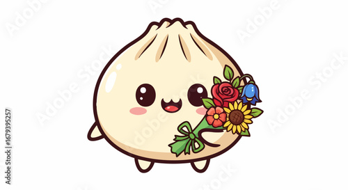 Adorable cartoon dumpling character holding a beautiful bouquet of flowers.