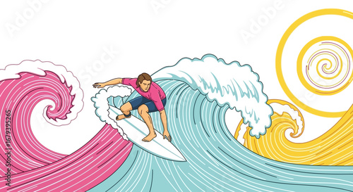 Stylish Surfer Riding a Colorful Wave with Artistic Vector Design and Dynamic Movement