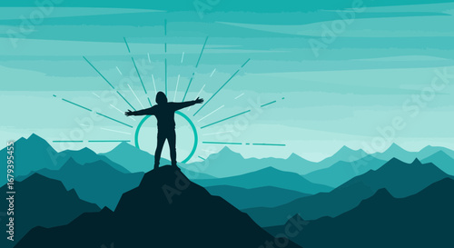 Silhouette of a person standing on a mountain top feeling free and victorious at sunset