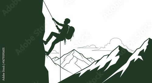 Silhouette Of A Rock Climber Scaling A Cliff Face Amidst Majestic Mountain Ranges