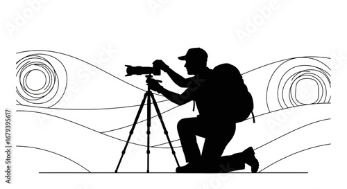 Silhouette of a Photographer Using a Tripod to Capture a Photo in Landscape