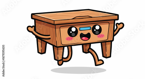 Adorable cartoon wooden nightstand character with happy face and limbs.
