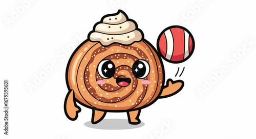 Adorable cinnamon roll cartoon character playing with a ball.