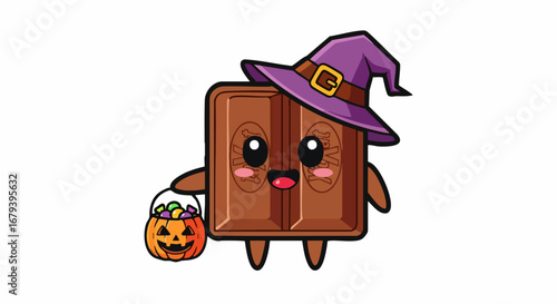 Cartoon Chocolate Bar Witch with Pumpkin Candy Bucket for Halloween.
