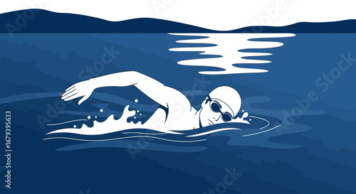 Silhouette of a Swimmer in a Competition or Training in a Simple Illustration