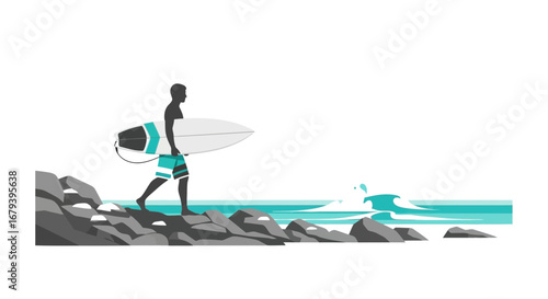 Silhouette Of A Surfer Walking Towards The Shoreline, With Sea Waves And Rocks