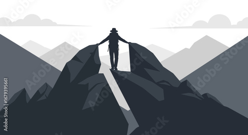 Silhouette Of Adventurer On A Mountain Peak, Achieving A Panoramic View With Courage And Grit