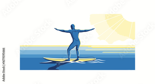 Surfer Balancing And Enjoying The Ocean With His Arms Extended On A Beautiful Sunny Day