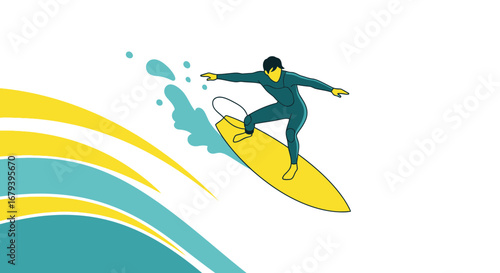 Surfer Balancing In Motion With Water Waves And Yellow Surfboard On Display