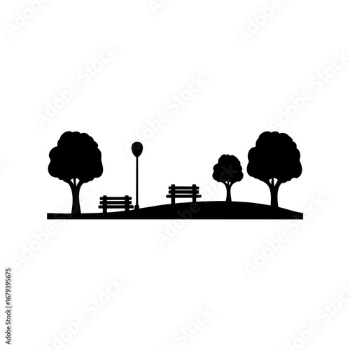 Black silhouette park scene illustration with trees benches and a light