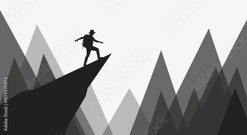Silhouette of Adventurous Hiker Standing on Mountain Peak Ready For The Challenge