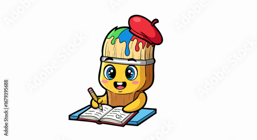 Cute Paintbrush Character Writing in Notebook.