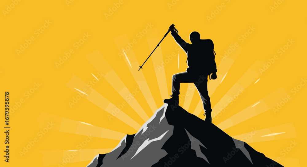 Obraz premium Silhouette of Hiker Celebrating Success on a Mountain Peak with a Yellow Background