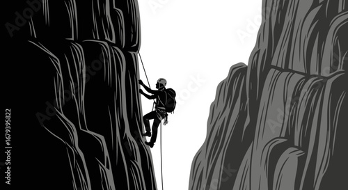 Silhouette Of Courageous Climber Ascending Mountain Cliff Face With Safety Rope