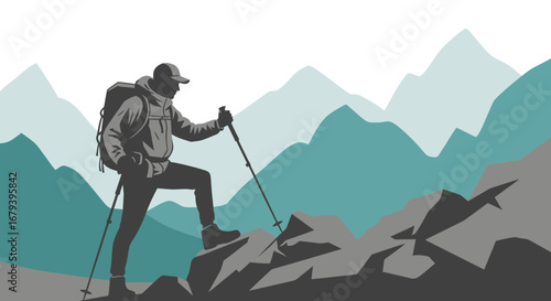 Silhouette Of Hiker Ascending Peak With Snowy Landscape, Achieving New Summits